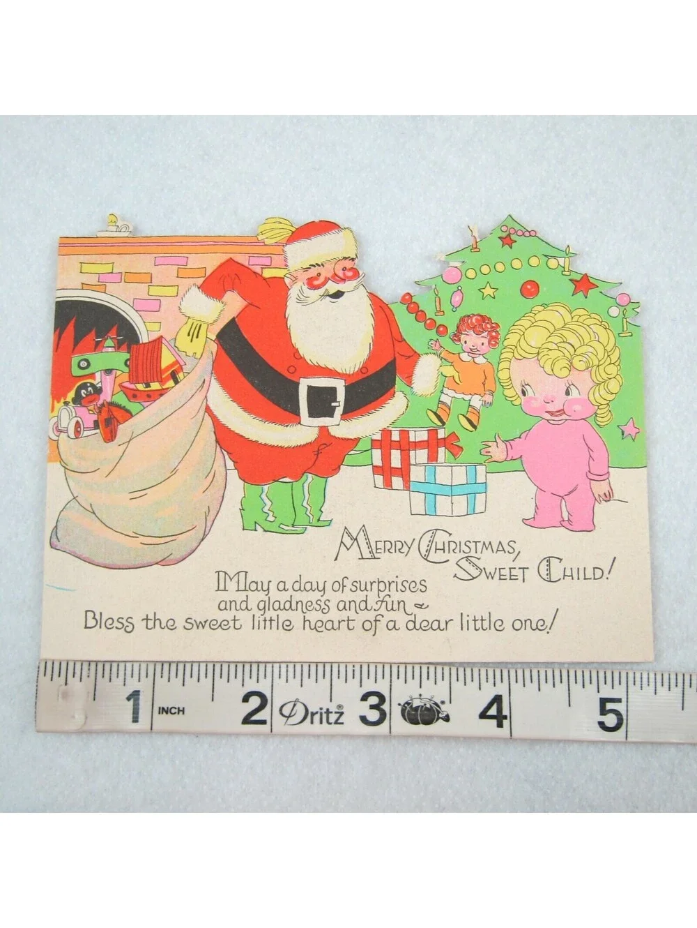 Vintage Christmas Card & Envelope Kewpie Style Girl & Santa Toys Tree Fireplace